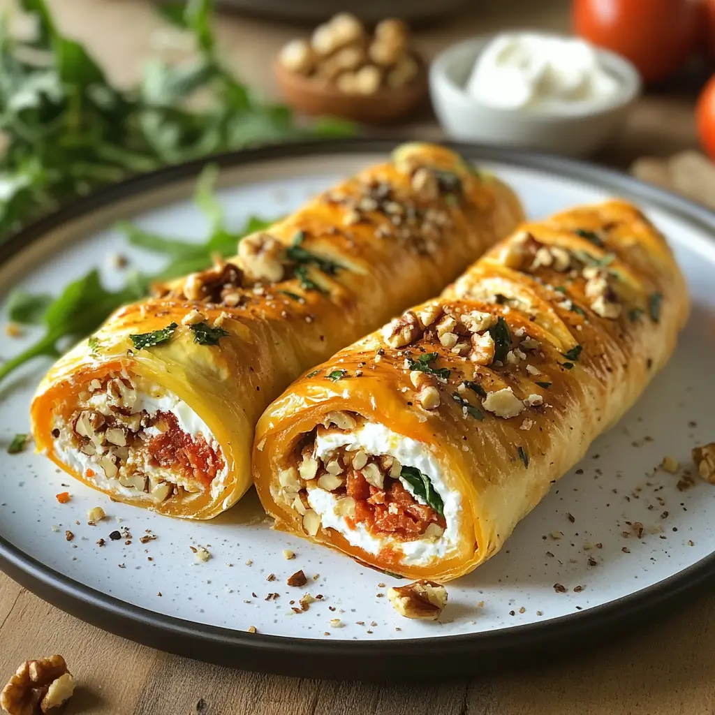 Rollo de pimientos del piquillo relleno de queso, rúcula y nueces