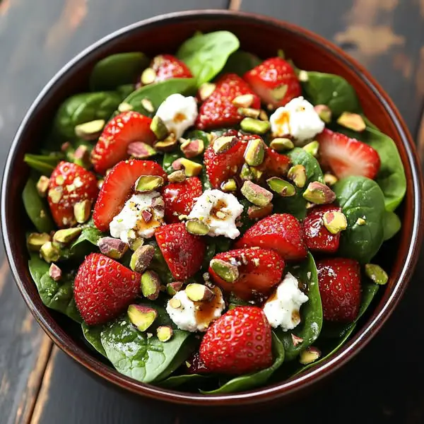 Ensalada de espinacas y fresas con salsa de pistachos
