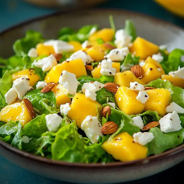 Ensalada de Canónigos, Mango, Queso Feta y Almendras Tostadas