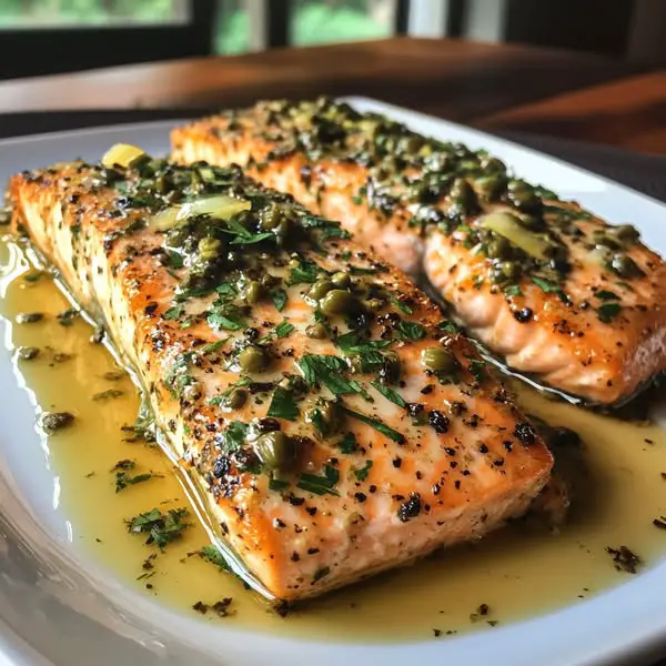 Salmón en Costra de Hierbas Mediterráneas con Salsa de Limón y Alcaparras