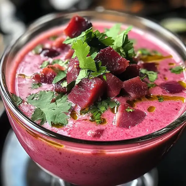 Gazpacho de Remolacha y Aguacate con Crujiente de Jamón Ibérico