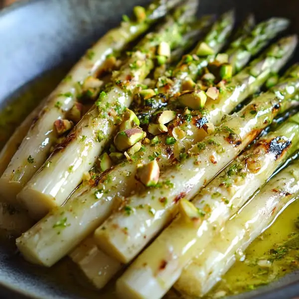 Ensalada de espárragos blancos a la parrilla con aderezo de pistacho y limón