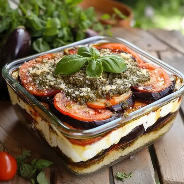 Tiramisú salado con pesto rosso, berenjena y mascarpone salado