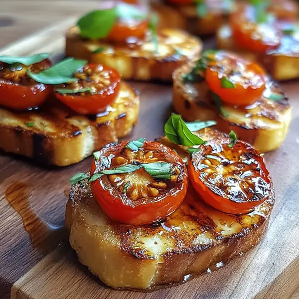 Bruschetta Mediterránea de Tomate Cherry, Halloumi y Miel