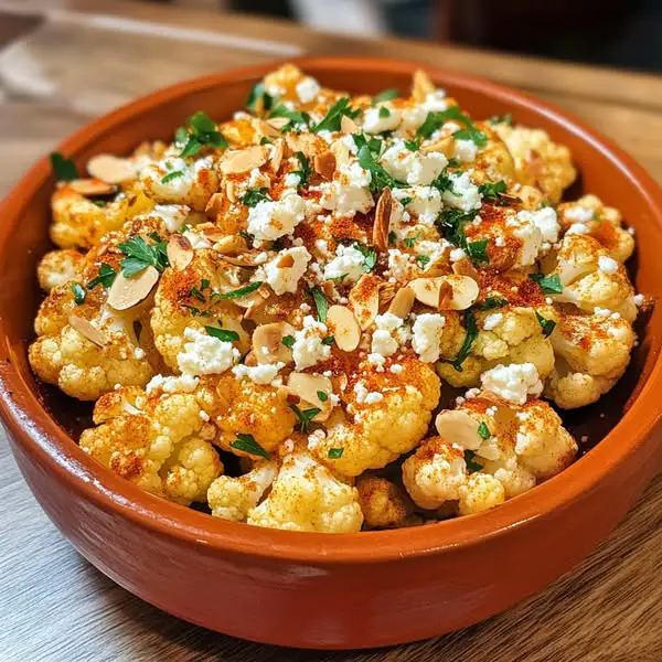 Coliflor Asada con Pimentón Dulce, Feta y Almendras Laminadas