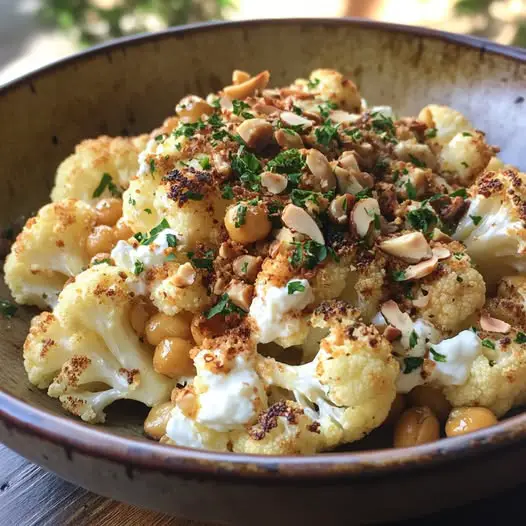 Coliflor al Horno con Limón y Orégano, Queso Ricotta a la Parrilla y Almendras con Garbanzos Fritos: Sabor Explosivo en 40 Minutos