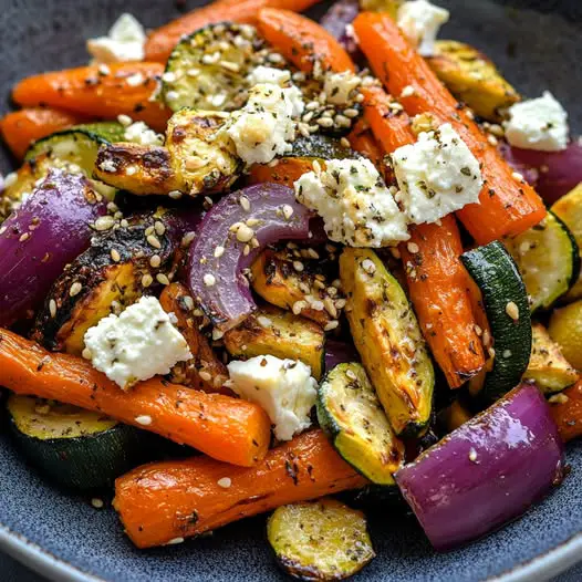 Mix de Verduras de Primavera Asadas (Zanahoria, Cebolla, Calabacín) con Queso Feta y Semillas Variadas