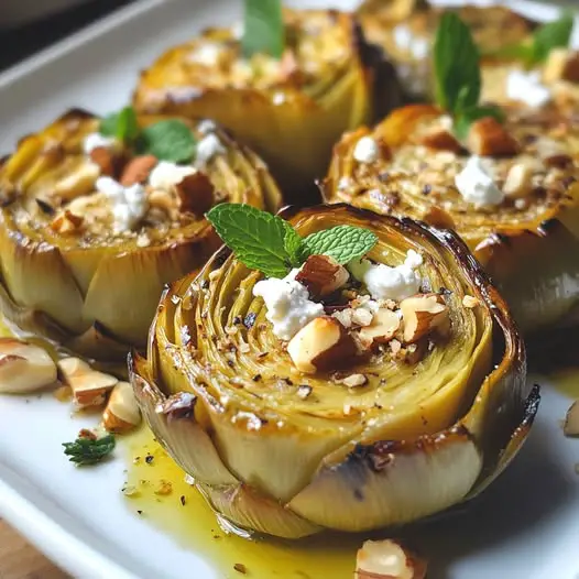 Alcachofas Asadas con Queso de Cabra Fresco, Avellanas y Limón