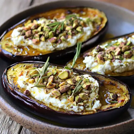 Berenjenas Asadas con Queso de Cabra, Pistachos y Miel de Romero