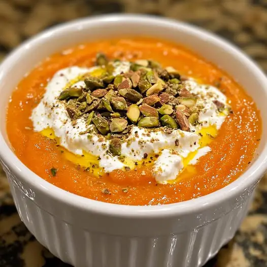 Crema Fría de Zanahoria Asada con Toque de Naranja, Queso de Cabra y Pistachos Tostados