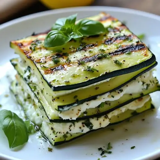 Receta de Milhojas de Calabacín a la Plancha con Queso Crema de Hierbas y Limón