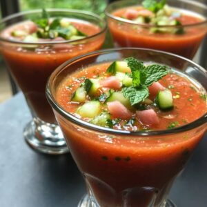 Gazpacho de Sandía con Pepino, Menta & Virutas de Jamón