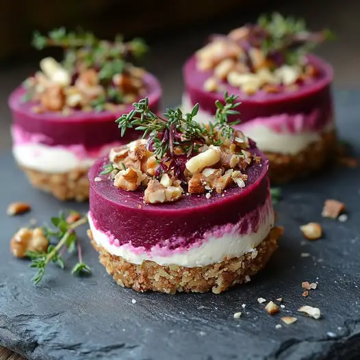 Mini tartas de queso saladas de remolacha y queso de cabra, base de nueces