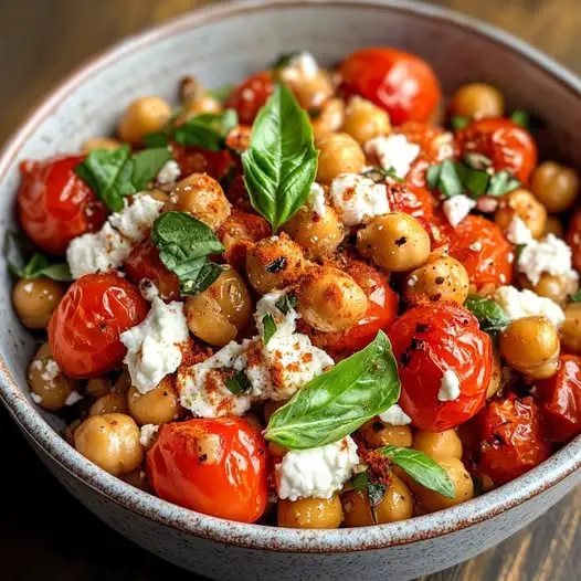 Tomates Cherry Asados con Ajo, Feta Cremoso y Garbanzos Crujientes