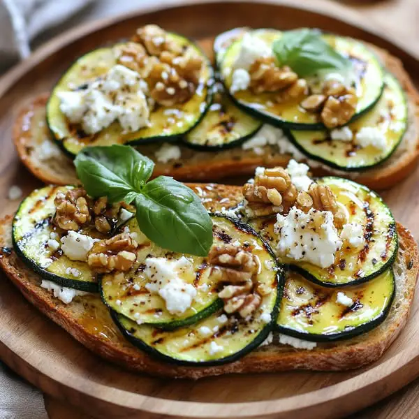 Tostadas de Calabacín a la Parrilla con Queso Feta, Miel y Nueces