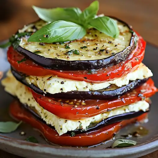 Milhojas de Berenjena y Queso de Cabra con Tomate Asado y Albahaca