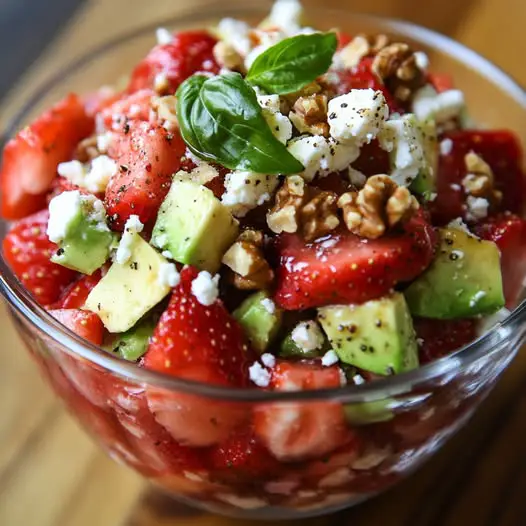 Tartar de fresa y aguacate con albahaca, queso feta y nueces crujientes