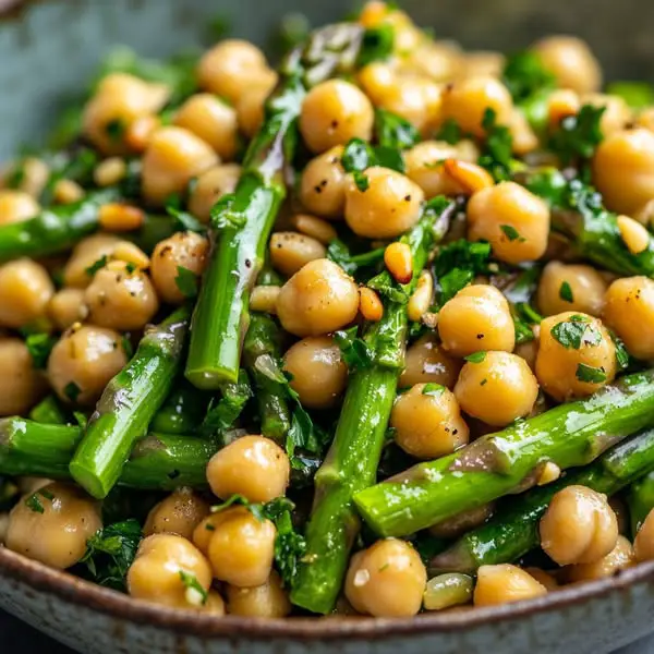 Ensalada Templada de Garbanzos con Espárragos Verdes, Limón y Piñones