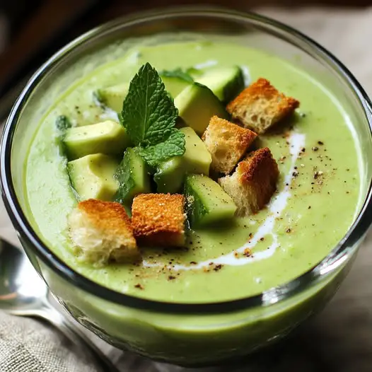Sopa fría de pepino, yogur griego, menta y aguacate, crutones de ajo