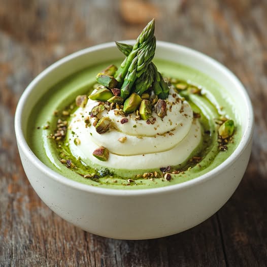 Mousse velouté de espárragos verdes y queso de cabra, crumble de pistachos: ¡una delicia cremosa para chuparse los dedos!