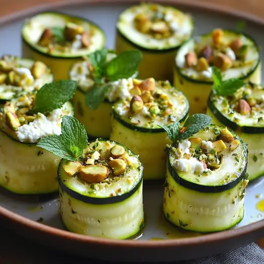 Rollitos de calabacín con queso de cabra, pistacho y menta fresca