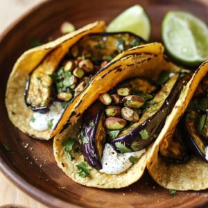 Tacos de Berenjena con Crema de Yogur, Hierbas Frescas y Pistachos