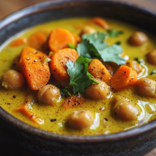 Curry Dorado de Zanahorias Asadas, Garbanzos y Leche de Coco con Cúrcuma