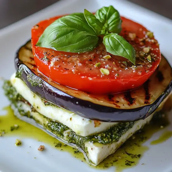 Milhojas de Tomate, Berenjena y Mozzarella con Pesto de Pistacho