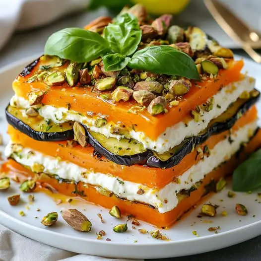 Millefeuille de vegetales de primavera, ricota y pistachos