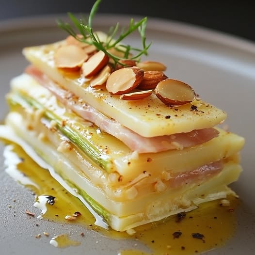 Milhojas de Espárragos Blancos de Navarra, Jamón Ibérico y Vinagreta de Almendras Tostadas