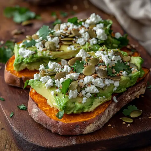 Tostadas de Batata con Aguacate, Queso Feta y Semillas de Calabaza