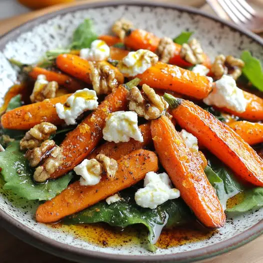 Ensalada Tibia de Zanahoria Asada, Queso de Cabra y Vinagreta de Naranja