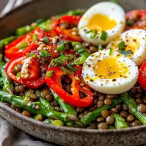 Ensalada de Lentejas Pardinas con Espárragos Verdes, Pimientos Asados, Huevo Duro y Vinagreta de Mostaza y Miel