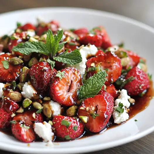 Ensalada de Fresas Asadas, Queso de Cabra y Pistachos Caramelizados