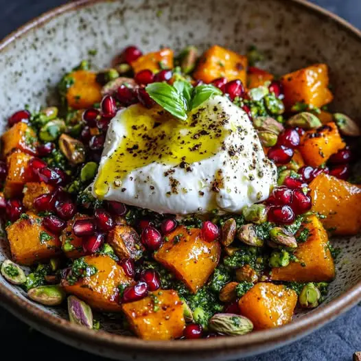 Ensalada de Calabaza Asada con Burrata, Granada y Pistachos con Aceite de Albahaca