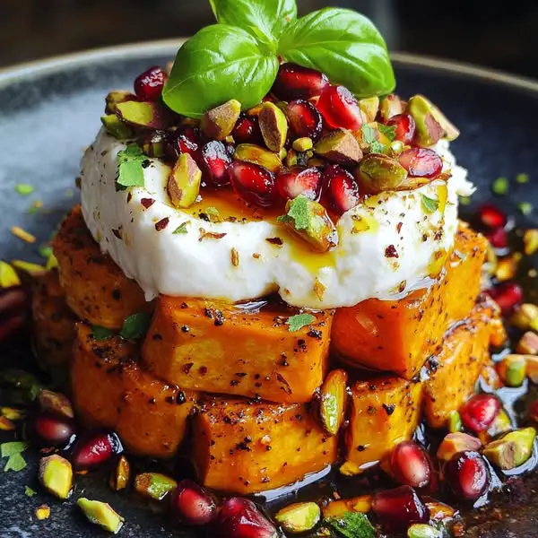 Timbal de Calabaza Asada con Burrata, Granada y Pistachos