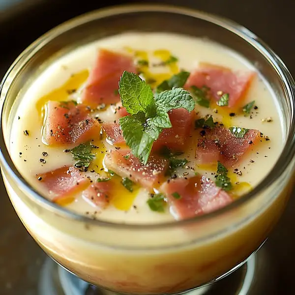 Sopa Fría de Melón, Yogur Griego, Hierbabuena y Jamón Serrano Crujiente