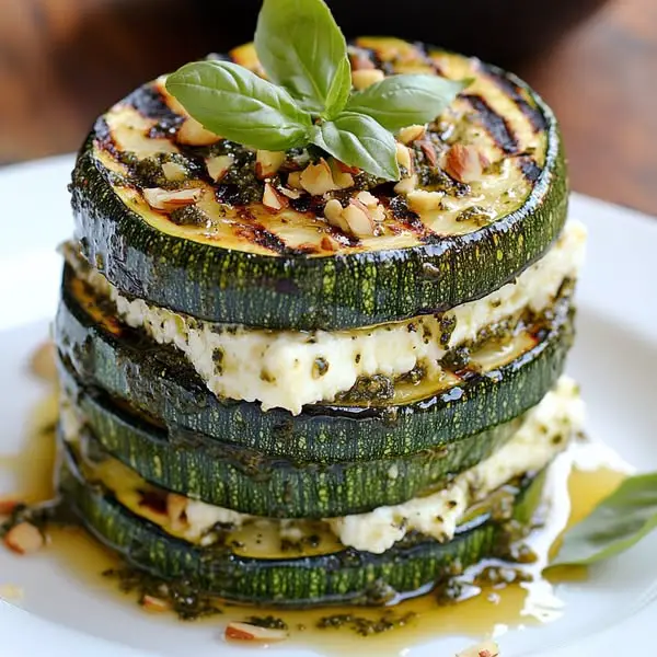 Timbal de Calabacín a la Parrilla con Queso de Cabra y Pesto de Almendras