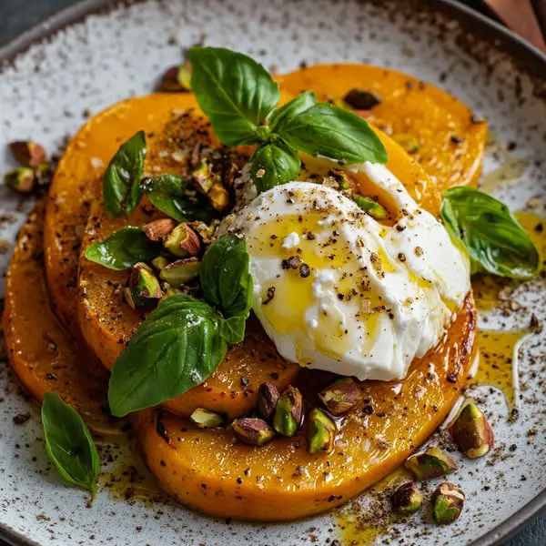Calabaza Asada al Horno con Burrata, Pistachos y Toque de Albahaca