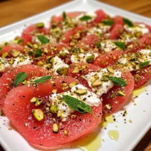 Carpaccio de sandía con queso de cabra, pistachos y toque de menta