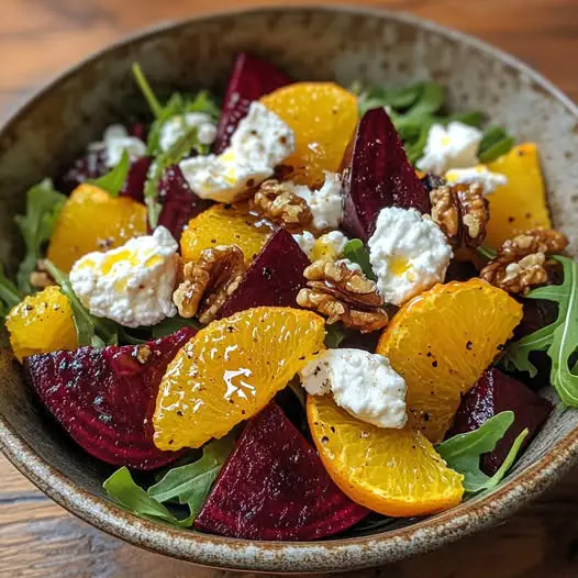 Ensalada de Remolacha Asada, Naranja, Rúcula, Queso de Cabra Fresco y Nueces Caramelizadas con Mie