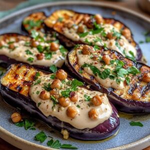 Berenjena asada en Tahini, Halloumi a la parrilla y avellanas con garbanzos de horno