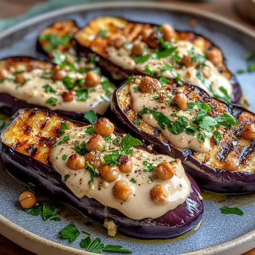 Berenjena asada en Tahini, Halloumi a la parrilla y avellanas con garbanzos de horno