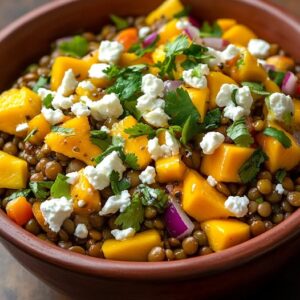 Ensalada de Lentejas con Mango, Queso de Cabra y Cilantro