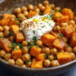 Ensalada de Garbanzos Templada con Boniato Asado, Burrata y Salsa de Mostaza y Miel