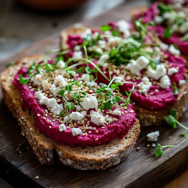 Tosta de Pan de Centeno con Hummus de Remolacha y Queso de Cabra