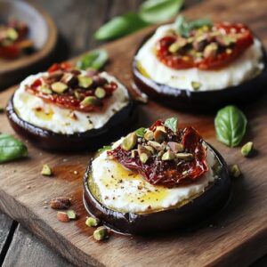 Mini Pizzas de Berenjena con Tomate Seco, Burrata y Pistachos