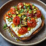 Tosta de Pan Rústico con Burrata, Tomates Cherry Confitados y Pistachos