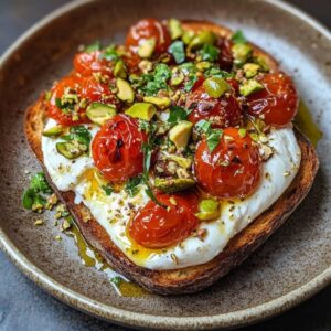 Tosta de Pan Rústico con Burrata, Tomates Cherry Confitados y Pistachos
