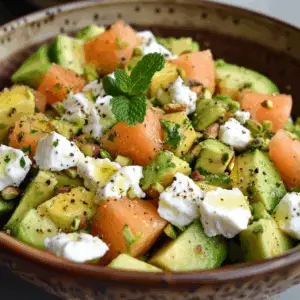 Ensalada de Melón, Aguacate y Queso de Cabra con Vinagreta de Menta y Pistachos